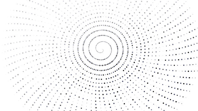 Abstract monochrome background, with a central, spiral pattern composed, of small dark, grey dots radiating, outward on a, white background
