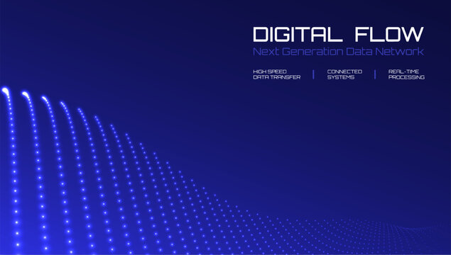 Digital technology background with glowing blue particle waves. Bright data lines. Futuristic network for data transfer, systems, processing. Innovation design template. Vector illustration.