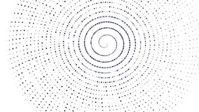 Abstract monochrome background, with a central, spiral pattern composed, of small dark, grey dots radiating, outward on a, white background