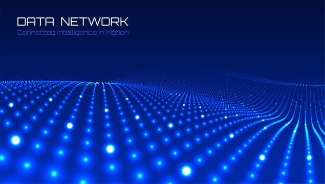 Futuristic data network with glowing blue particles. Flowing digital waves. Artificial intelligence visualization. Connectivity, computing or advanced technology template. Vector illustration.