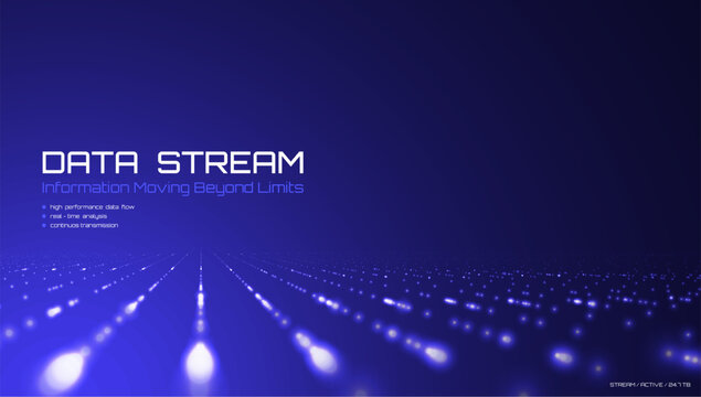 Digital data stream with glowing blue particles. Futuristic grid with data transfer effect. Dynamic technology background for networking, computing, communication or innovation. Vector illustration.
