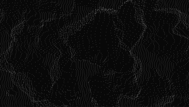 Abstract digital background with white particles and flowing dotted pattern. Modern glitch texture for technology, media, poster or creative design. Vector illustration.