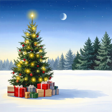 Christmas tree with glowing light and colorful gift box in snowy forest under crescent moon, creating warm holiday scene against clear winter sky