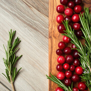 Cranberry and rosemary arrangement on wooden surface with rustic holiday styling, vibrant red fruit and green herb creating festive seasonal food background