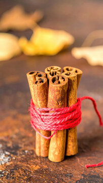 Cinnamon stick bundle red twine dried spice rustic tabletop warm light creates cozy holiday mood with blurred autumn leaves in background and natural culinary texture