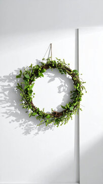 Green wreath, floral decoration, white wall, sunlight, shadow