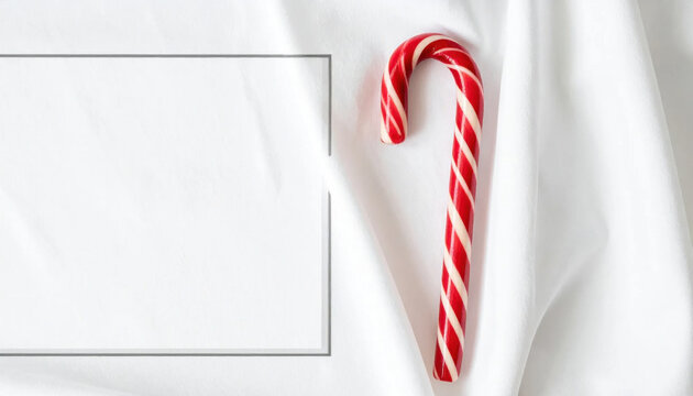 Red and white candy cane on white fabric beside blank rectangular card for Christmas concept