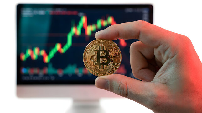 Hand holding golden bitcoin digital currency coin against financial