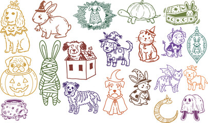 Fototapeta premium Halloween animal doodle collection in naive hand drawn style