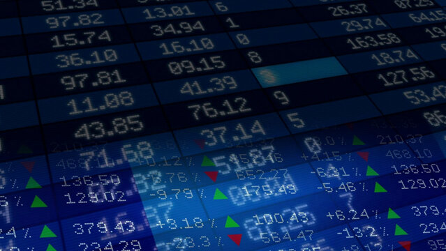 Financial data, digital stock market ticker board screen showing fluctuating share prices, and exchange trading numbers. Stock exchange development, capital market investments, financial 
