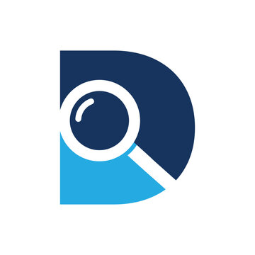 this is a logo simple flat image that depicts a letter D with a magnifying glass on it in blue color combo on a white background
