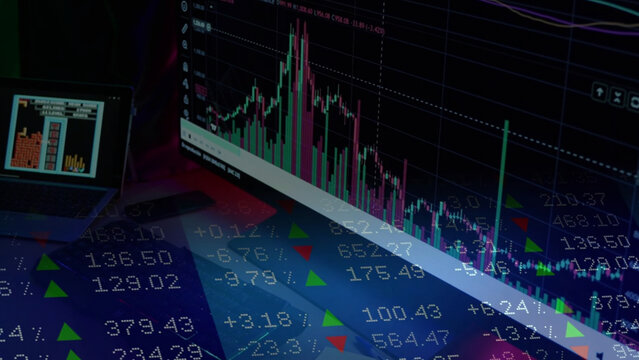 Financial data, computer monitor displaying detailed candlestick stock charts and trading graphs, overlaid with a digital market ticker screen. Investment analytics development, stock market technical