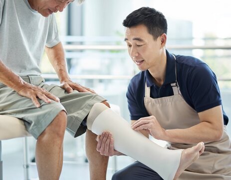 Orthotist fitting a white leg brace onto the leg of a senior man in a rehabilitation room