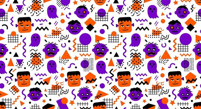Fun Memphis Style Halloween Monster Seamless Pattern
