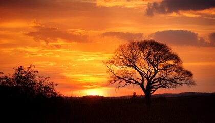 Fototapeta premium A Serene Sunset Landscape With A Solitary Tree Silhouetted Against A Vibrant Orange Sky Evoking Tranquility And Reflection