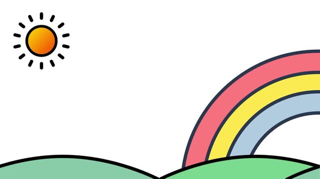Green rolling hills landscape with a bright glowing sun and a colorful rainbow arching gracefully across the wide open sky above ideal for nature