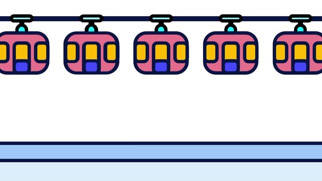 Row of colorful cable car gondolas suspended from an overhead cable line moving steadily across the animated landscape scene ideal for nature travel