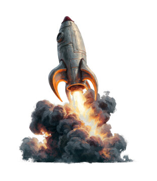 PNG Retro rocket launching with fiery exhaust and dramatic smoke
