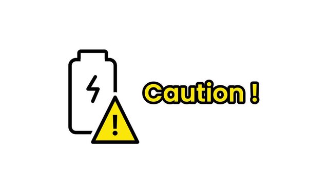 Flat battery icon featuring a lightning bolt symbol beside a yellow caution warning triangle and the bold word caution text label ideal for nature