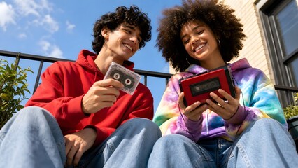 Obraz premium Friends Listening to Cassette Tape Player Outdoors
