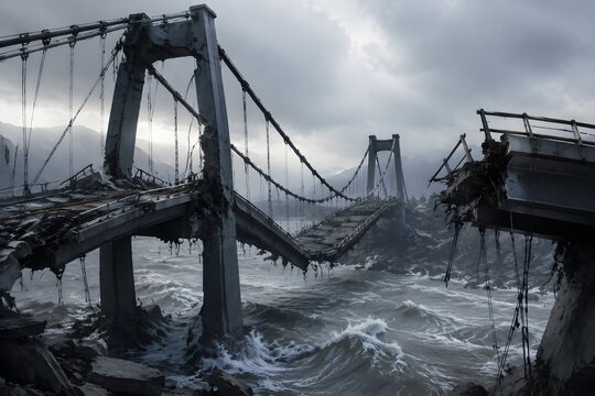 Destroyed Suspension Bridge Hanging Above Turbulent Water After Major Earthquake with Fractured Roadway and Cables