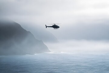 Fototapeta premium Helicopter Flying Through Coastal Fog Above Quiet Ocean With Distant Cliffs Premium Aviation Stock Photography
