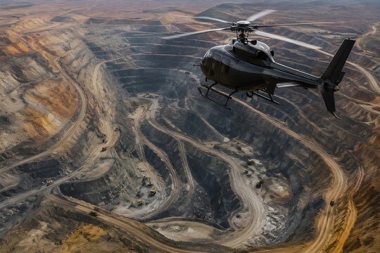 Helicopter Flying Above Vast Open Pit Mine With Layered Terraces and Tiny Heavy Machinery Below