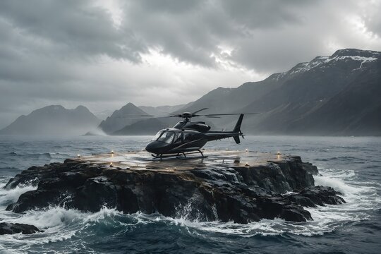 Helicopter Resting on Rocky Island Landing Zone Surrounded by Rough Ocean and Distant Mountains Scenery
