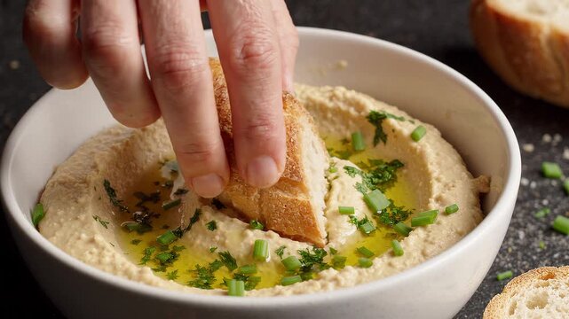 Hand dipping bread into creamy hummus garnished with olive oil and chives
