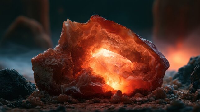 A warm carnelian geode shows a glowing crystalline center surrounded by a mineral backdrop with space for text.