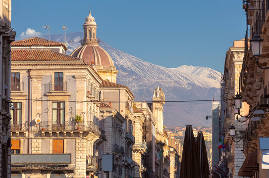 Mount Etna View Above Historic Architecture in Catania, Sicily, Italy