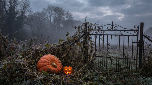 Glowing Halloween jack o lantern pumpkin near old iron gate in foggy autumn garden. Spooky misty morning with frost and bare trees. October holiday mystery concept.
