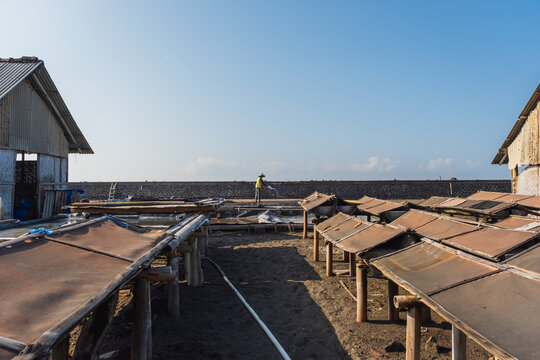 Wooden structures designed to assist salt farmers with the seawater evaporation process&mdash;Kusamba, Klungkung, Bali, Indonesia, August 17, 2026