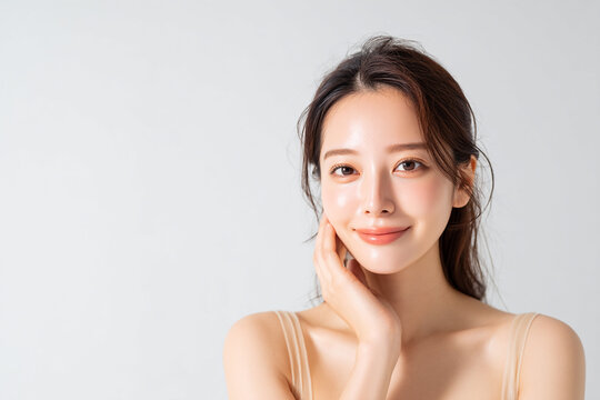 頬に手を添えて微笑む女性のスキンケアと美肌イメージ
