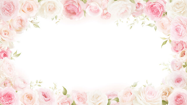 淡いピンクと白の薔薇が華やかに囲むウェディングや母の日向けの花フレーム背景
