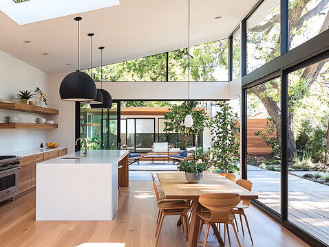 Modern open-plan kitchen and dining area with large windows and natural light