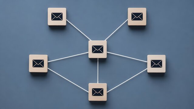 Wooden blocks with email envelope icons connected by lines representing digital communication network and mailing list distribution