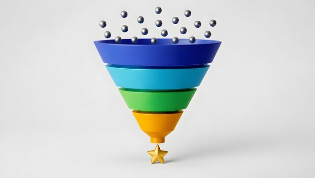 Colorful 3d sales funnel with metallic spheres dropping into filter and exiting as gold star representing lead conversion success