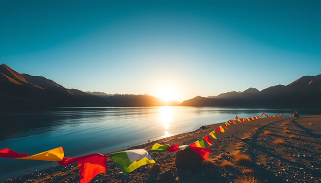 Serene sunrise over mountain lake with colorful prayer flags