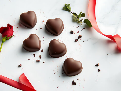 Heart shaped chocolates and red rose with ribbon on marble surface