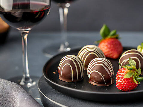 Decadent chocolate truffles and fresh strawberries served with red wine