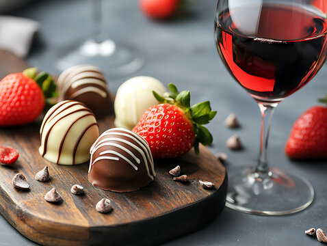 Decadent chocolate truffles and fresh strawberries paired with red wine