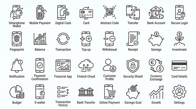 Fintech symbols collection displaying banking and payment icons for modern financial applications and digital wallets.
