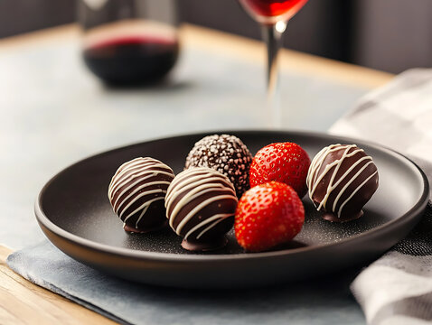 Gourmet chocolate truffles and fresh strawberries served on a dark plate with wine