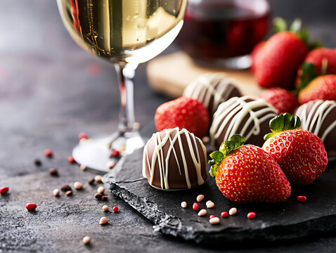 Decadent chocolate-dipped strawberries paired with fine white wine and dark red wine