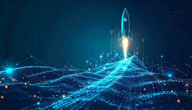 Futuristic rocket rising from a glowing digital landscape with connected network lines, symbolizing business growth, innovation, technology, startup success, and digital transformation.