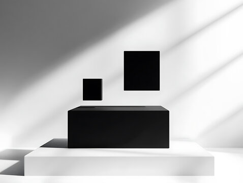 Minimalist composition with black geometric shapes on white pedestals and shadows