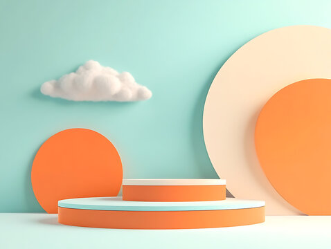 Abstract minimalist stage with geometric shapes and a fluffy cloud