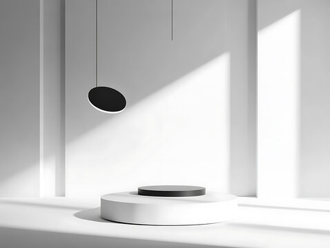 Minimalist studio with geometric podium and dramatic light and shadow play