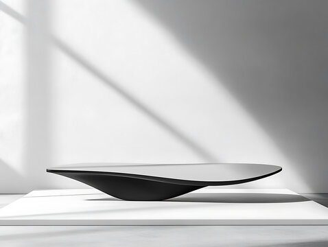 Modern minimalist display podium with dramatic shadow casting on white wall